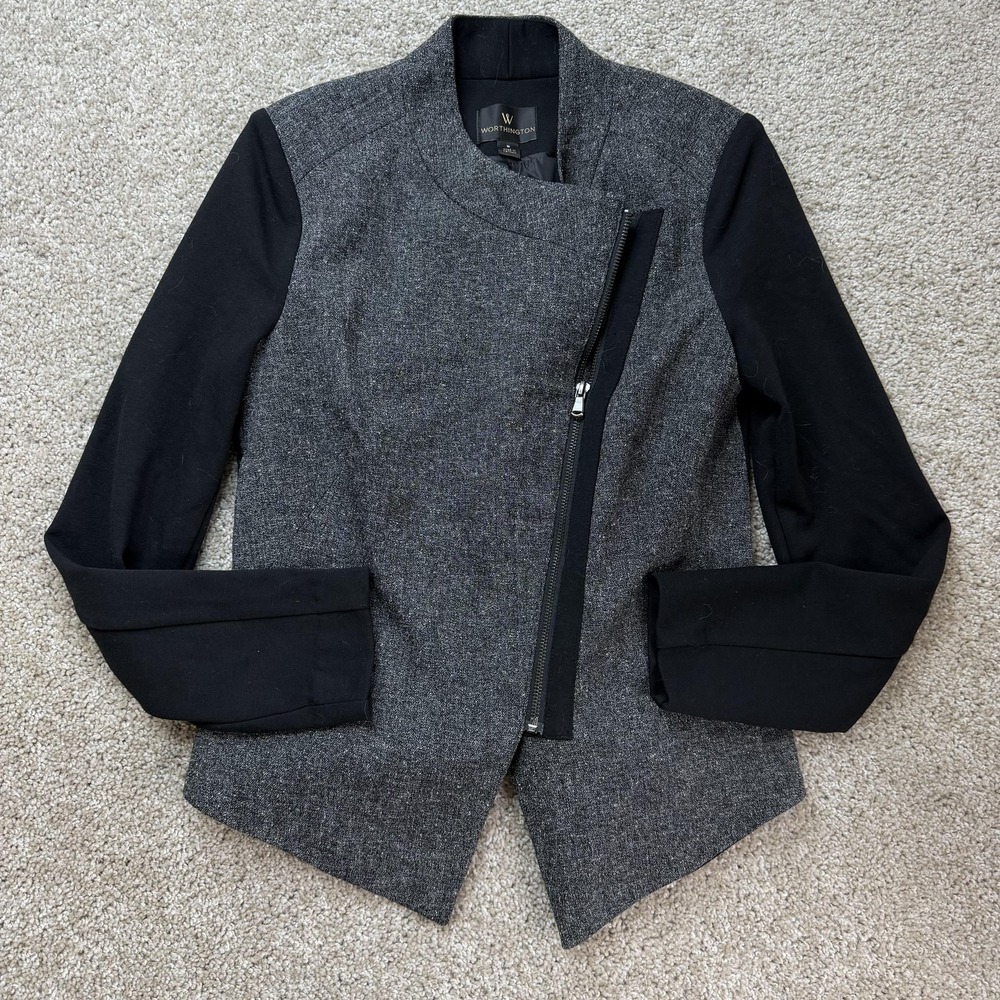 Worthington Jacket Womens Small Gray Black Knit Moto Asymmetrical Zip Lined